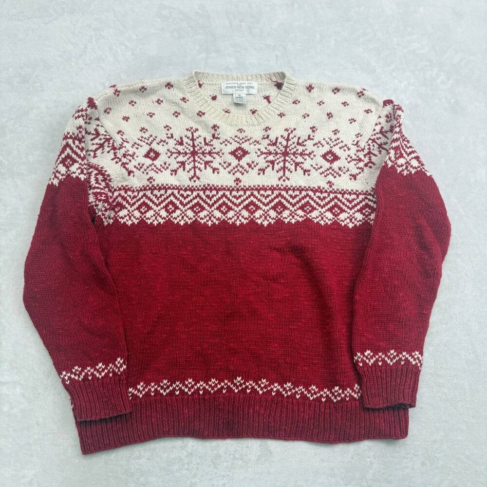Jones New York Sport Women's Sweater Burgundy Red Size M Snowflake Ramie Cotton